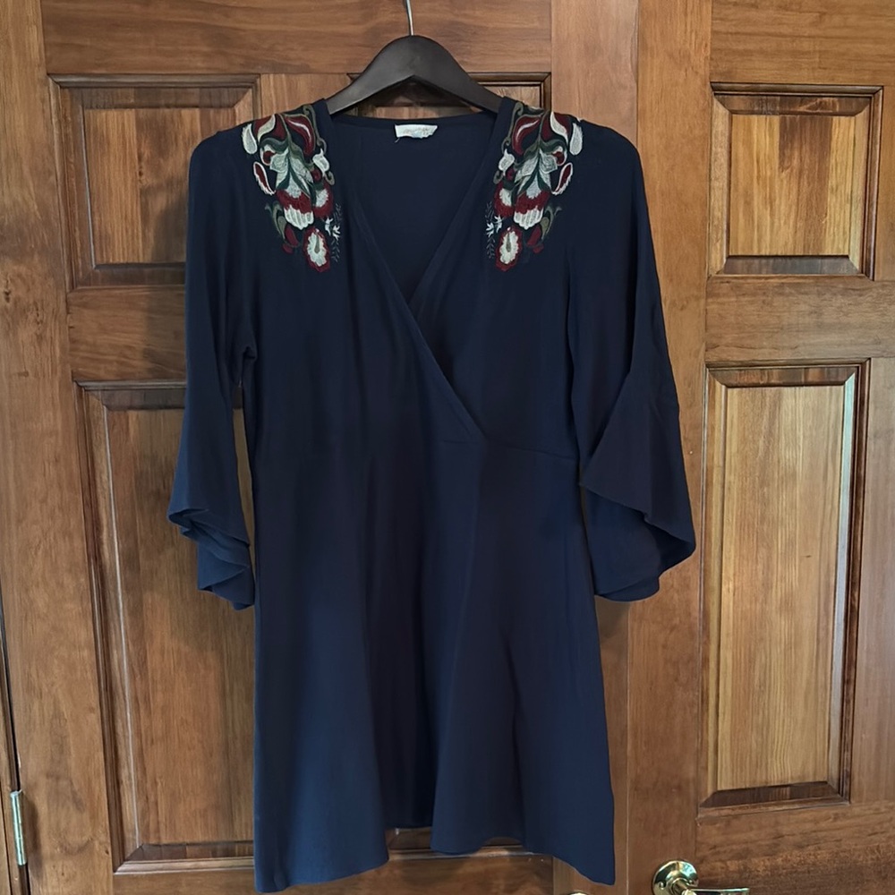Mystree Blue V-neck Bell Sleeve Dress